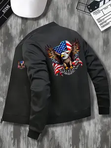 Men's Casual Stand Collar Zipper Jacket with Pockets, Eagle Print, Spring & Fall Fashion, Simple Versatile Outerwear