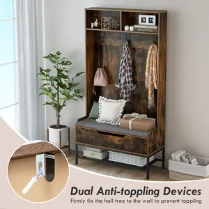 COSTWAY - 69 Inches Tall Hall Tree 4-in-1 Coat Rack with Seat Cushion and Shoe Storage-Rustic Brown