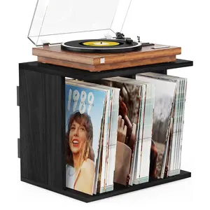Emfogo Vinyl Record Storage Holder, Wall Mount Record Player Stand for 80-100 Albums, 3-Compartment Wood Vinyl Record Organizer for Turntable, Books, Magazines & CDs