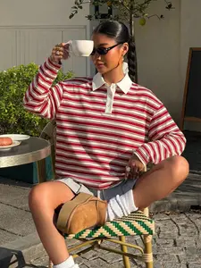 Women's Striped Polo Shirt, Casual Fitted Long Sleeve, Loose Fit, Vintage Style, Perfect for Spring and Outdoor Activities