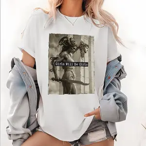 Mythology - Inspired T - Shirt: "Girls Will Be Girls" with a Powerful Medusa - like Figure, Blending Ancient Legends and Modern Attitude
