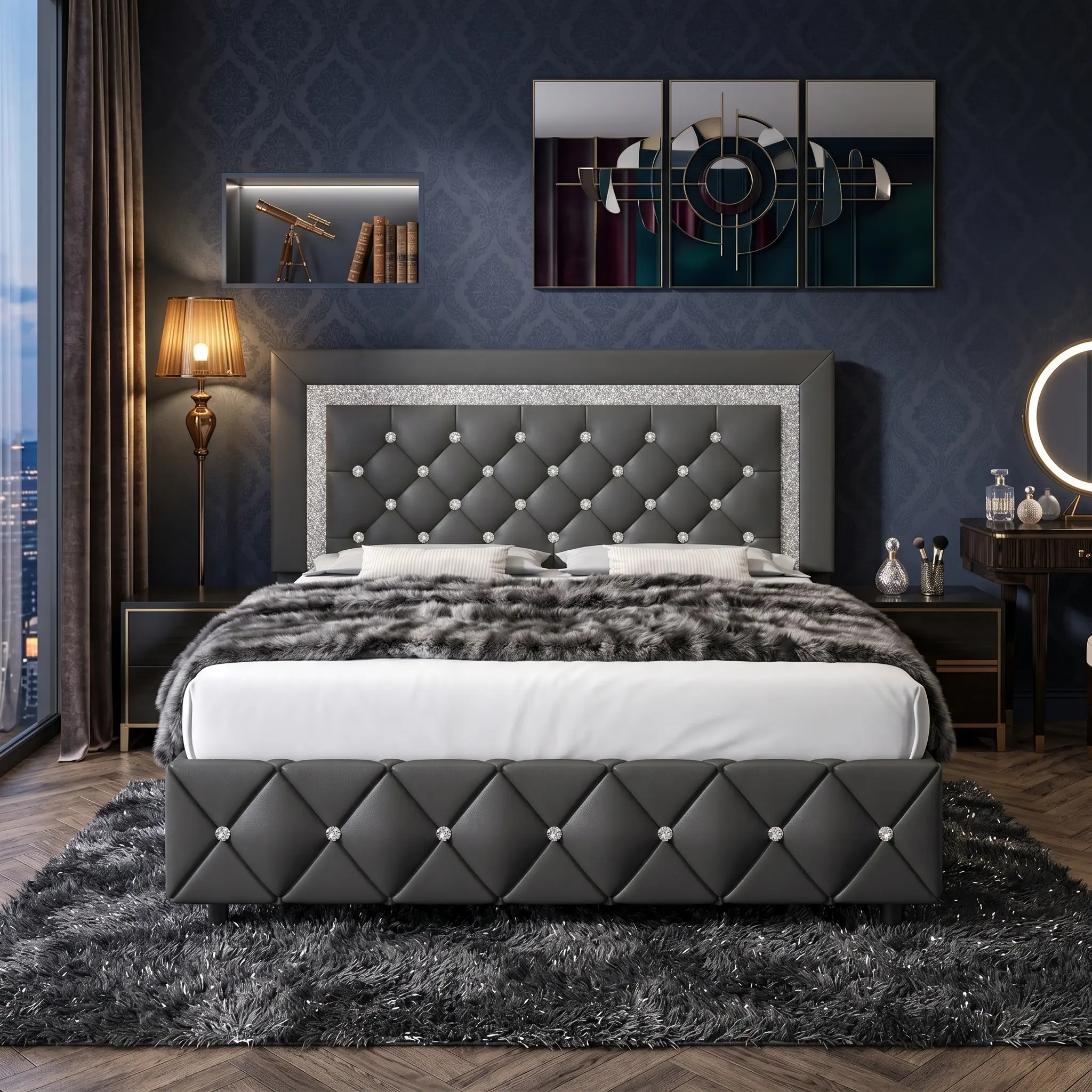 King Size Bed Frame Set, Faux Leather Modern Platform Bed Frame with Diamond Tufted Headboard & Footboard, Sturdy Noise-Free Indoor Furniture (Available in Twin, Full, Queen Sizes; Pearl White, Beige, Black, Grey, Pink, Purple, Green), Faux Leather Bed