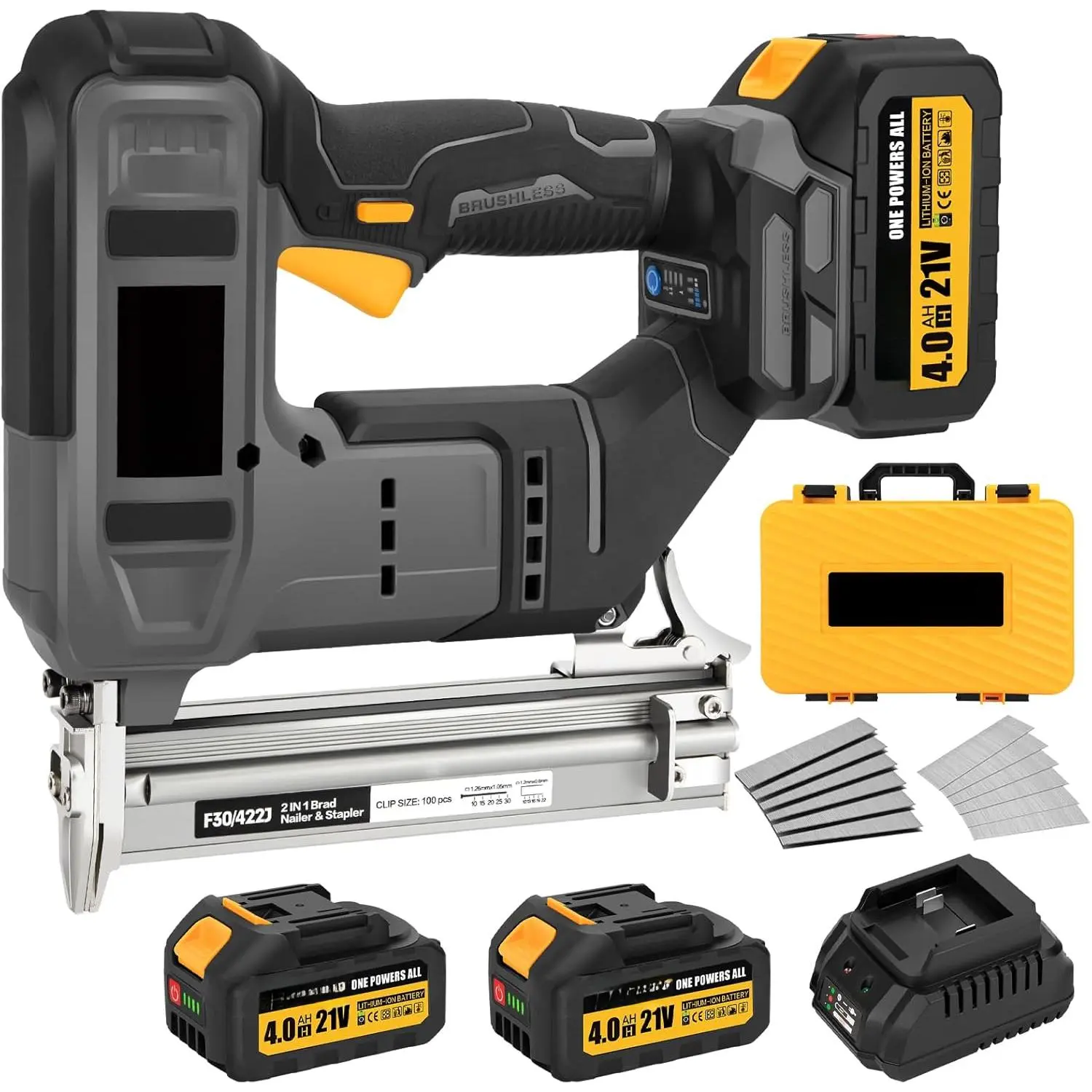 Cordless 18-Gauge 2-in-1 Nailgun & Stapler - Brushless Motor Power Tool Full Set with 2 x 4.0Ah Batteries, 1200pcs Fasteners, 100-nail Reload for Woodworking, Home Improvement DIY, Tool Box