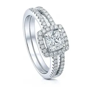 BERRICLE Sterling Silver Halo Wedding Engagement Promise Rings Stackable Band for Her, Cushion Cut Cubic Zirconia CZ Ring Set