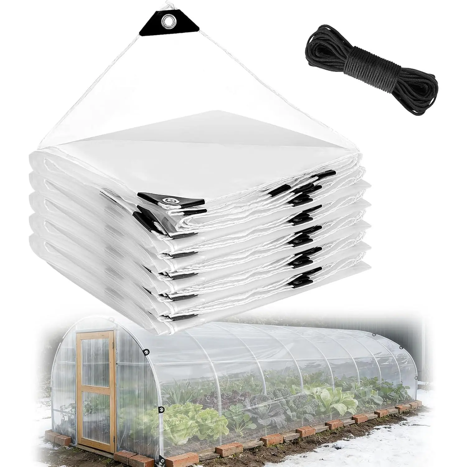 8x12ft,8x20ft,16x20ft,10x30ft Anti-Tear Clear Tarp Waterproof for Green House - 5 mil Anti-UV Windproof Greenhouse Plastic Cover Replacement with Grommets & Rope