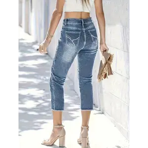 Women's Plus Size Denim Cropped Jeans - Skinny Slim Leg, Embroidered Raw Edge, Elastic-Fit Casual Lady Bottoms with Polyester Rayon Spandex Fabric Blend
