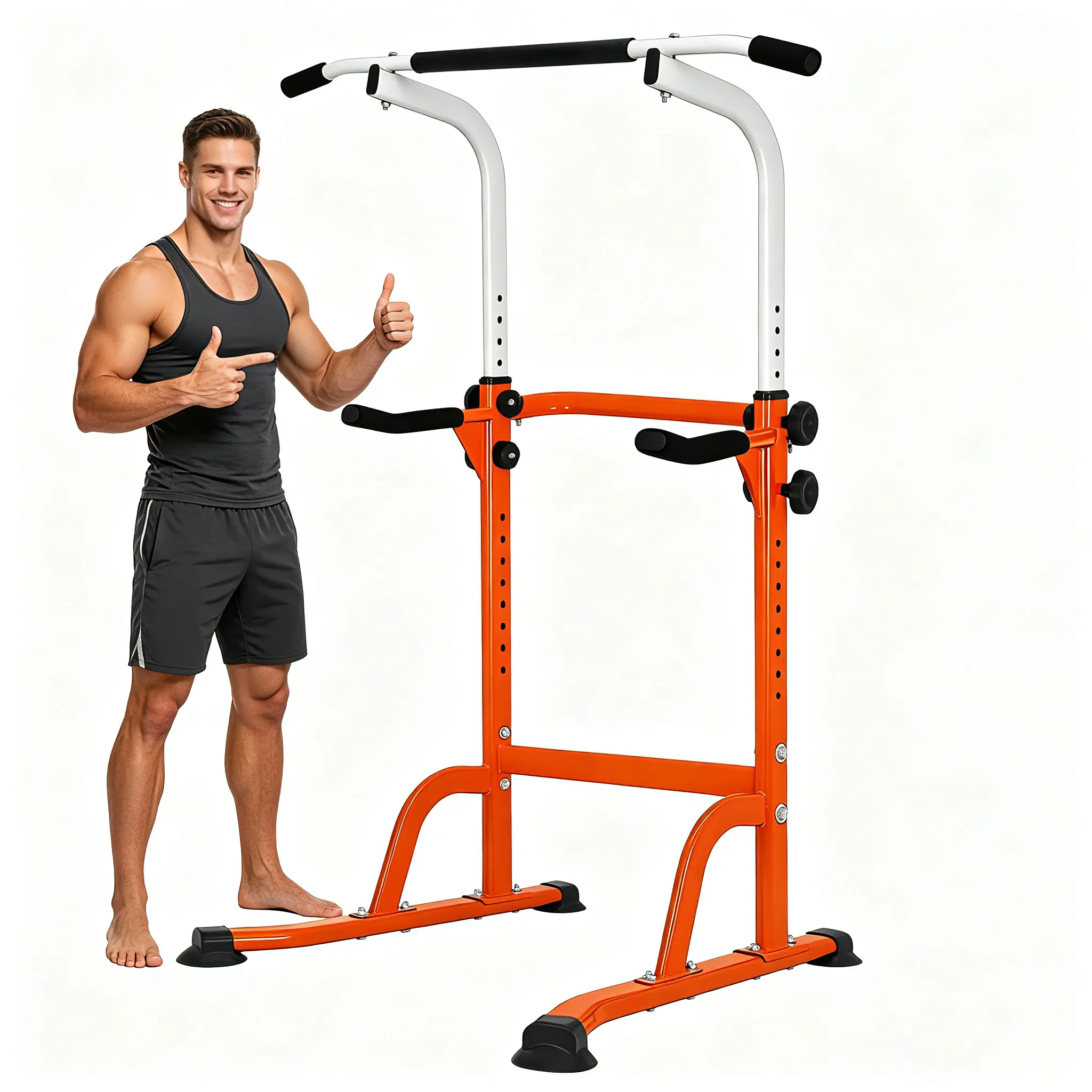 Heavy-Duty Power Tower with Stable Steel Triangular Legs, Height-Adjustable Pull-Up Dip Station, 330LB Capacity for Unisex Teens & Adults, Compact Functional Family Home Gym Strength Training Equipment for Apartments, Core Workouts