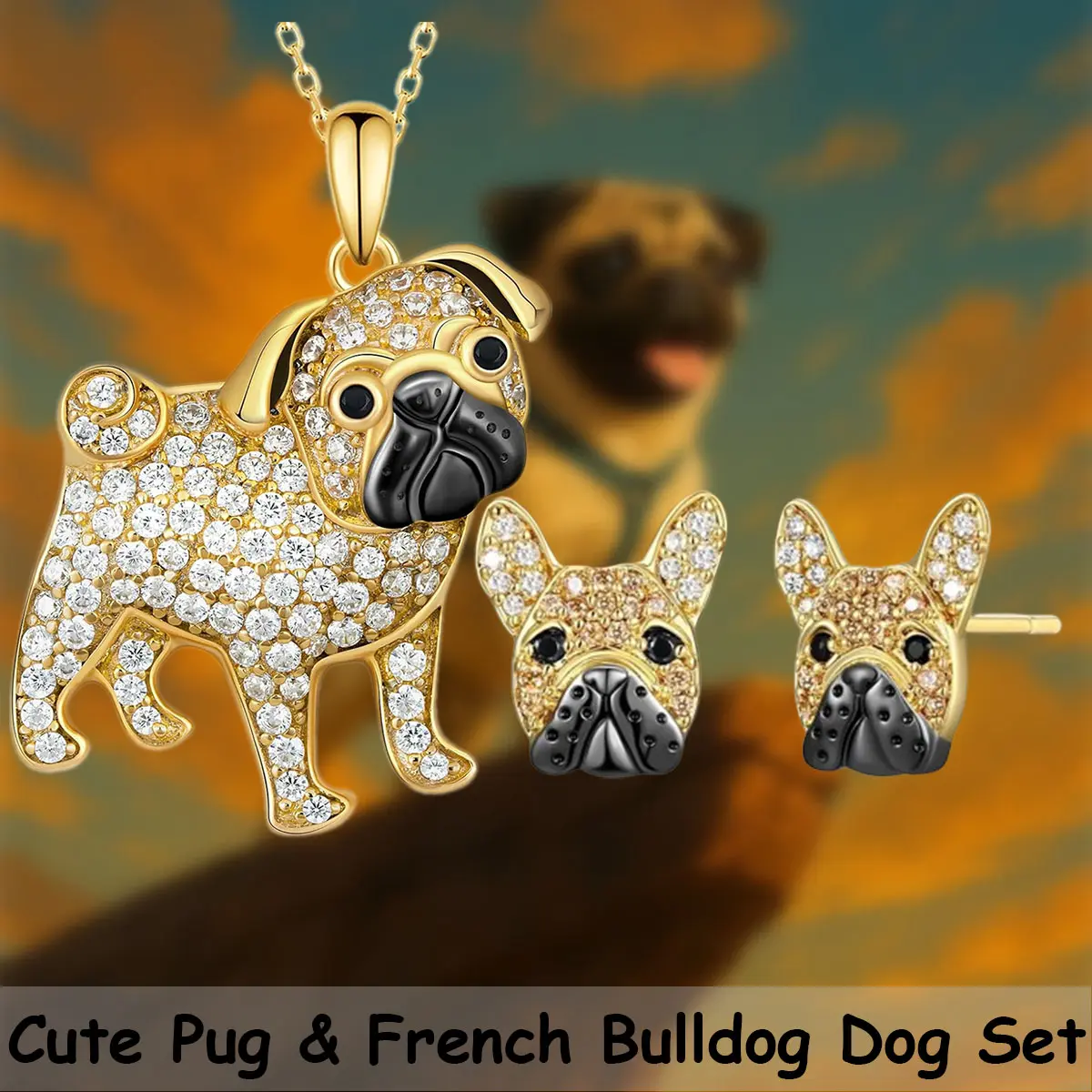 Jewelry Set for Women, 3-Piece Cute Pug & French Bulldog Alloy Pendant Necklace and Stud Earrings, Daily Wear Pet Lover Gift