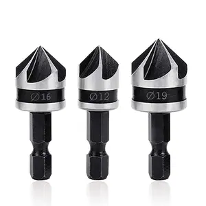 3 count Countersink Chamfer Drill Bit Set, 5 Flute 90  Chamfering Countersink Bits with 1/4Inch Hex Shank, 12mm 16mm 19mm