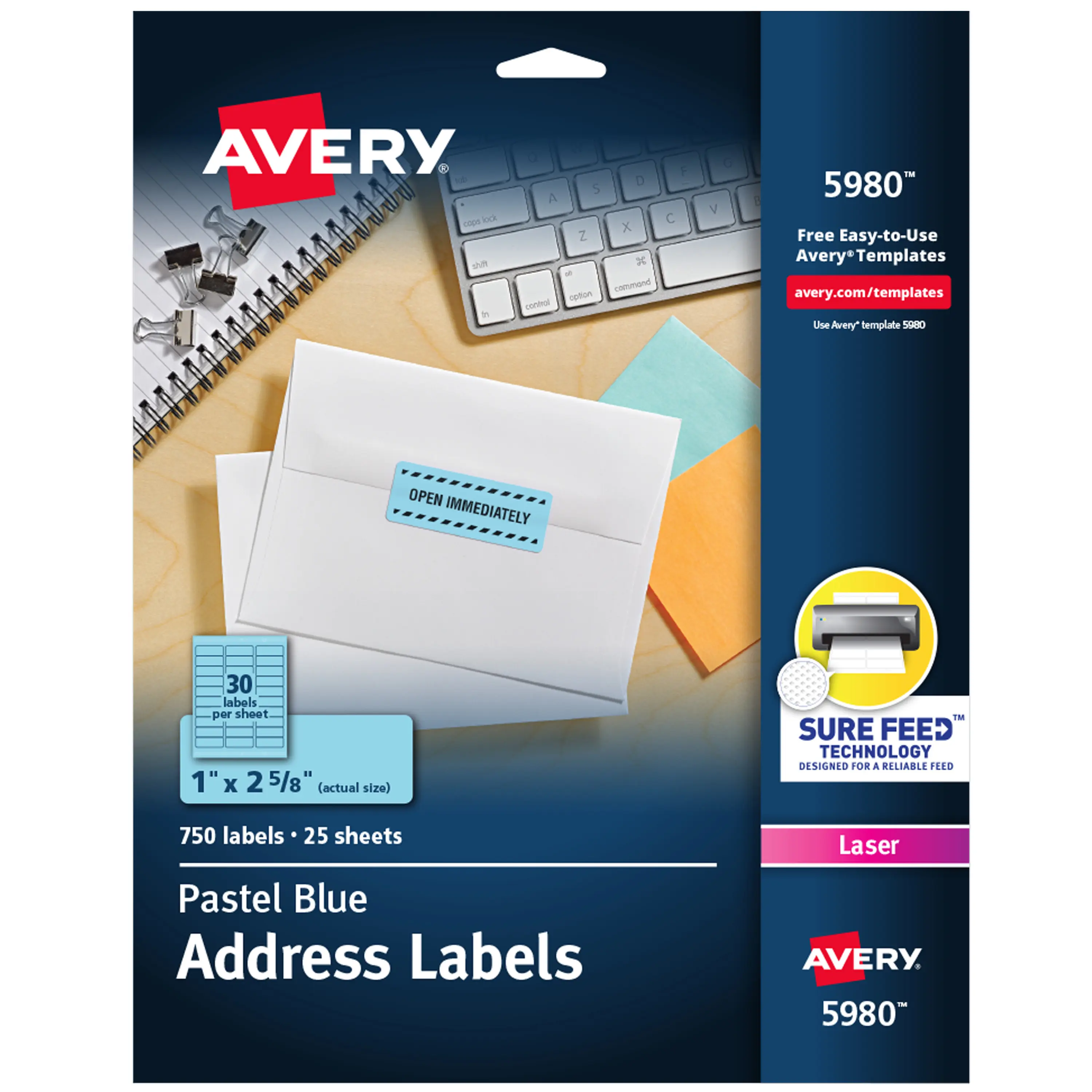 Avery Printable Address Labels, 1" x 2-5/8", Pastel Blue, Sure Feed Technology Laser & Inkjet Compatible, 750 Blank Labels Total (5980)