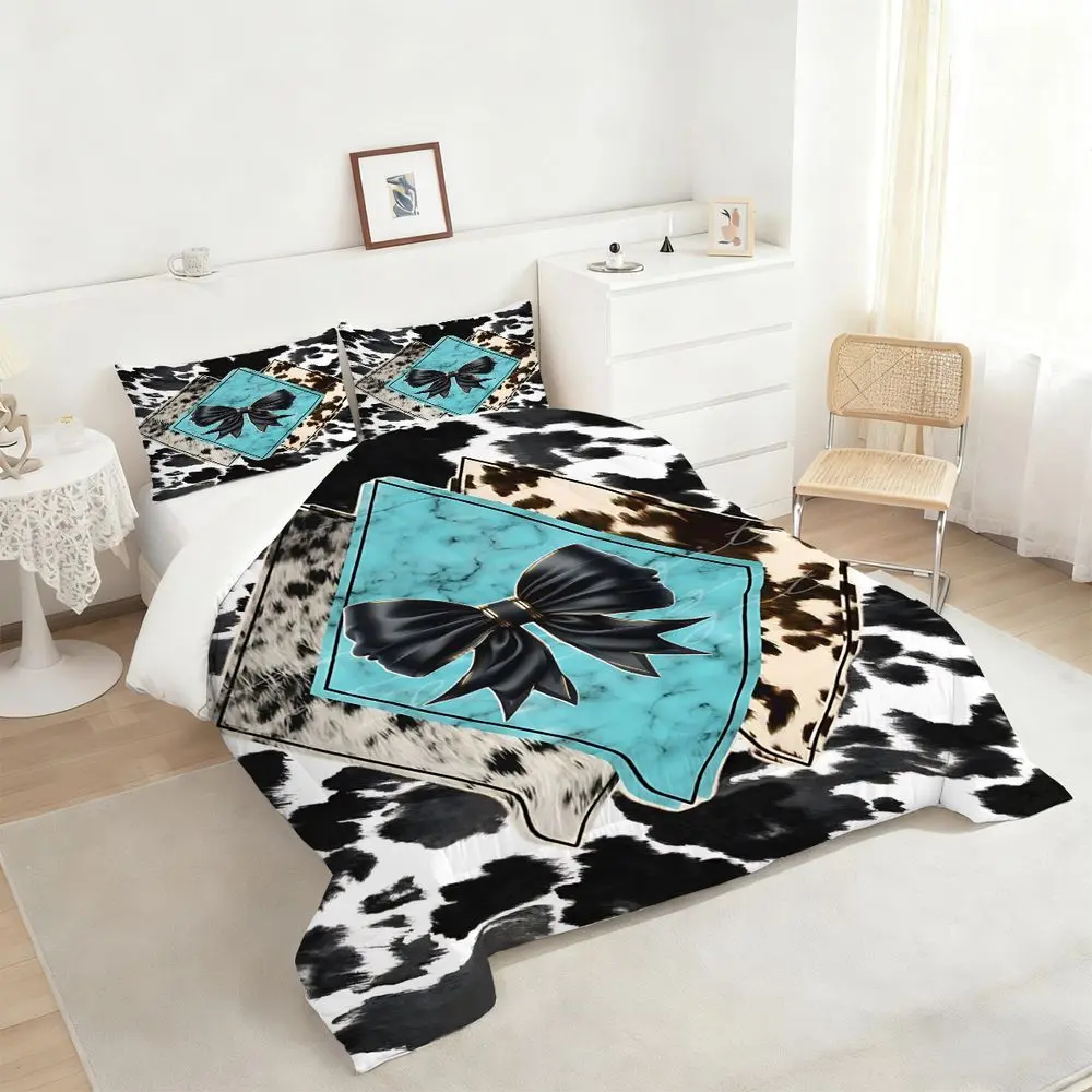 2/3Pcs Elegant Black Bow Tie Inspired Comforter Set, Luxurious Turquoise and Cowhide Patterned Bedding Set, Stylish Bedroom Decor for Modern Spaces, Perfect for Chic and Sophisticated. Interiors 1 or 2 Pillowcase No Pillow Core