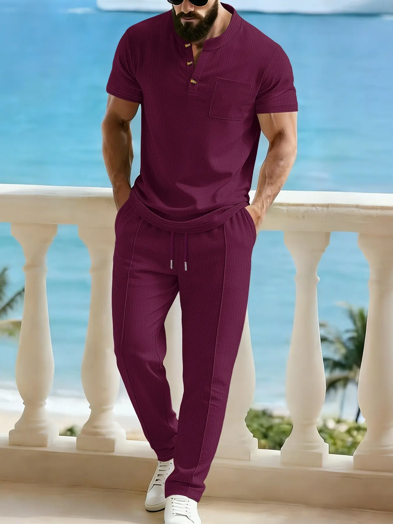 Men's Henry Collar Waffle Top + Cargo Pants Casual Set, Menswear Summer Two-Piece, Comfortable and Stylish, Perfect for Daily Wear