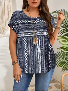 Emery Rose Plus Size Graphic Print Casual Loose Blouse, Perfect for Summer Vacations, Stylish & Comfortable Women's Top