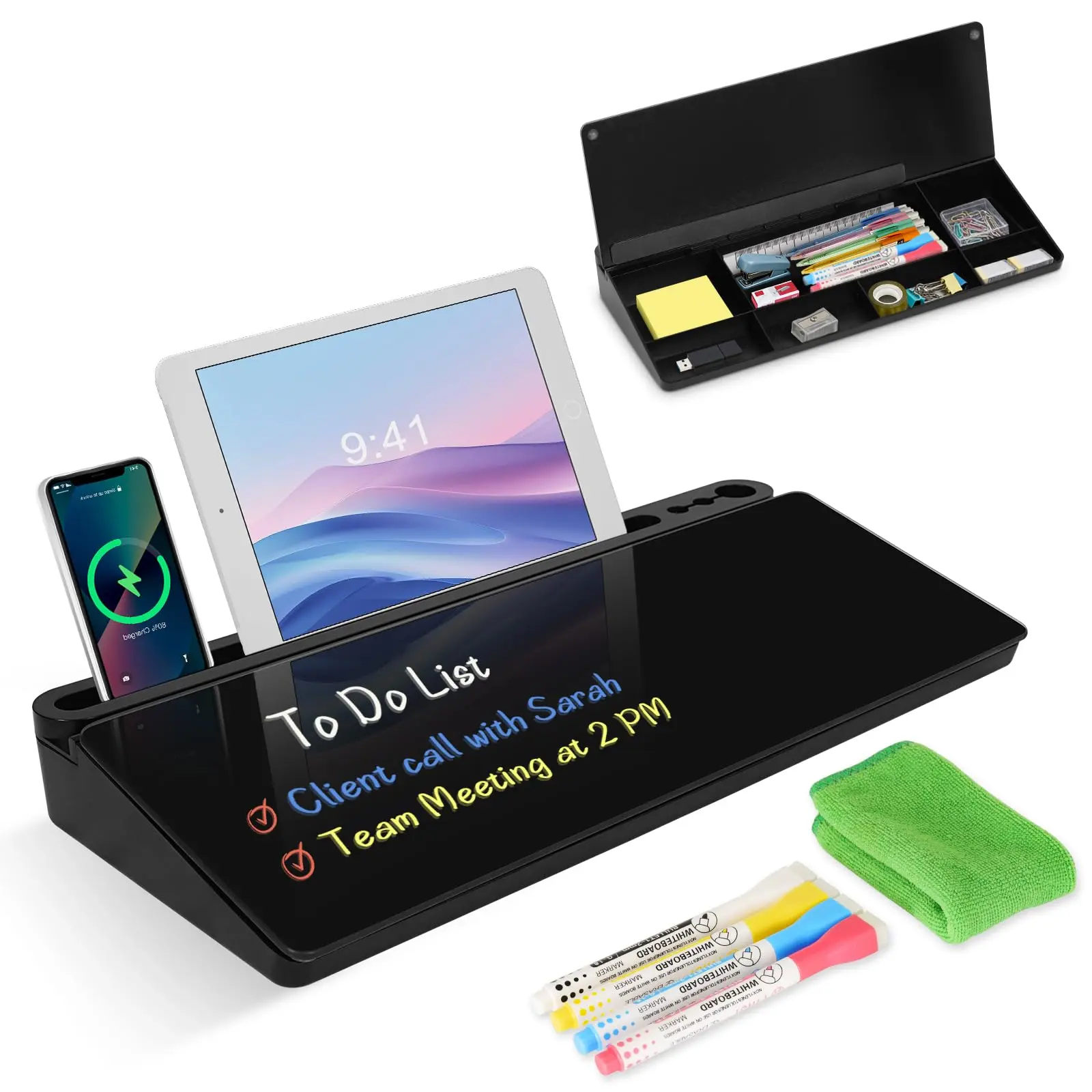Desktop Glass Whiteboard with Storage, Desk Board with Computer Keyboard Stand, White Dry Erase Board with Drawers for Home, School, Office Desk Organizers and Accessories - Black