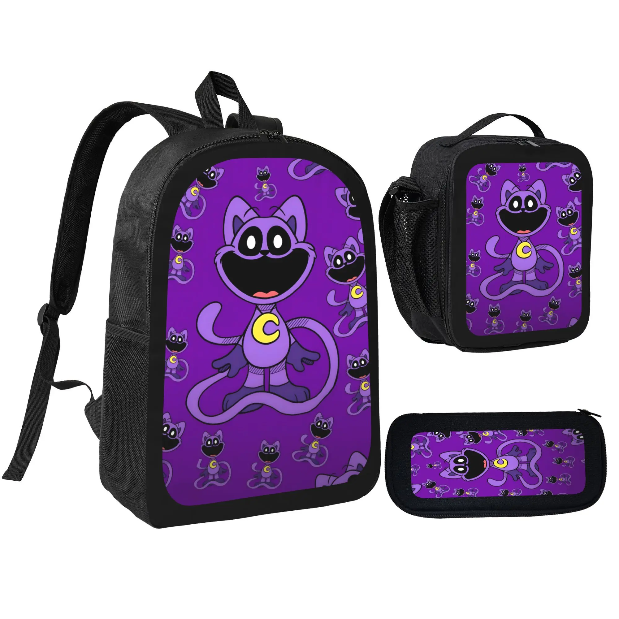 CatNap Smiling Critters Kids' 3-Pcs School Backpack Set - Cartoon Purple Cat Print, Insulated Lunch Bag, Pencil Case, Ideal Back-to-School Gift (For Boys & Girls)