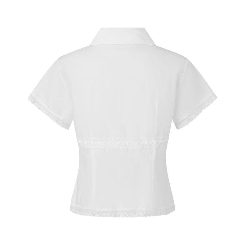 Women Lace Trim Summer BlouseFit Collared Short Sleeve Button-up Crop Casual Tops
