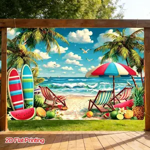 2D Flat Banner polyester photography backdrop, HD digitally printed beach scene background cloth featuring palm trees, ocean waves, surfboards, and beach chairs for summer parties, tropical themed events, photo booths, video studi