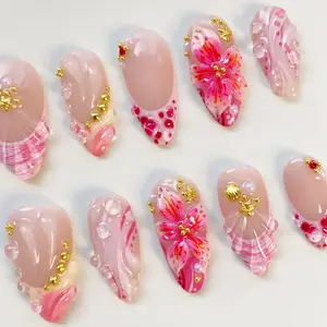 Press-On False Nails, Long Almond Shape, Pink-Orange Shell Style with Bloom Flower Accents, Summer Freestyle French Design, Nail Art Decoration Accessory for Holiday Use (Beauty & Personal Care)