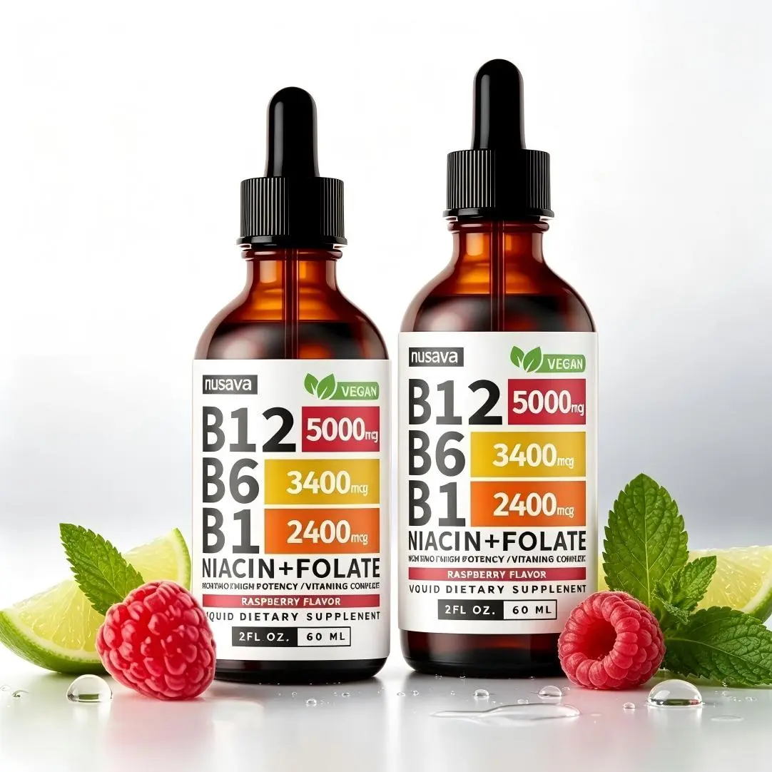 2 Piece Vitamin B12 Liquid Supplement Drops with B6, B1, Niacin & Folate - Edible Support for Energy, Brain & Heart, Non-GMO & Gluten-Free, 4 Fl Oz Fitness Dietary