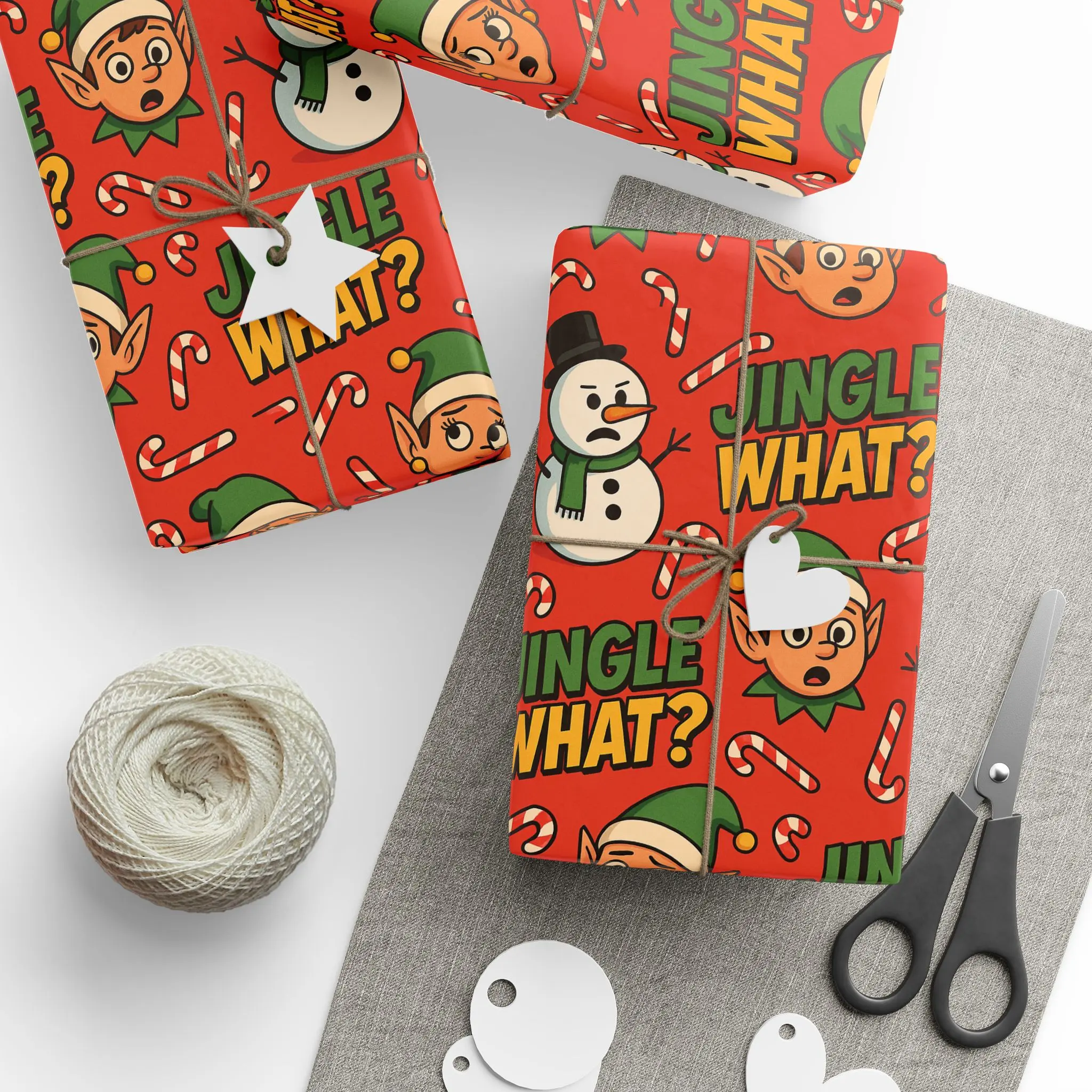 " JINGLE WHAT?" Christmas Wrapping Papers, Holiday Gift Wrap, SNOWMAN Wrapping Paper, ELF Gift Wrap, Xmas Present Paper