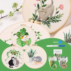3-Pack Embroidery Kit with Cat Pattern Embroidery Kit for Beginners DIY Beginner Cat Embroidery Set Plant Cat Cross Stitch Kit for Adults with Plastic Embroidery Hoops Threads