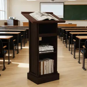 Wood Podium Stand 46" Tall Rustic Brown Lectern with Mic Slot & 3 Storage Levels for Churches Seminars Schools E1 Fiberboard