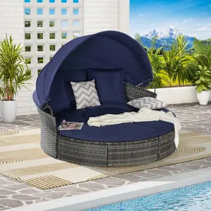 5 Pieces Outdoor Patio Round Daybed Furniture,Wicker Conversation Set with Retractable Canopy, Soft Cushions, and Storable Table for Leisure in Porch Backyard