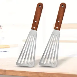 2pcs Metal Fish Spatula with Wooden Handle Fish Tuner Utensils for Kitchen Cooking Tool