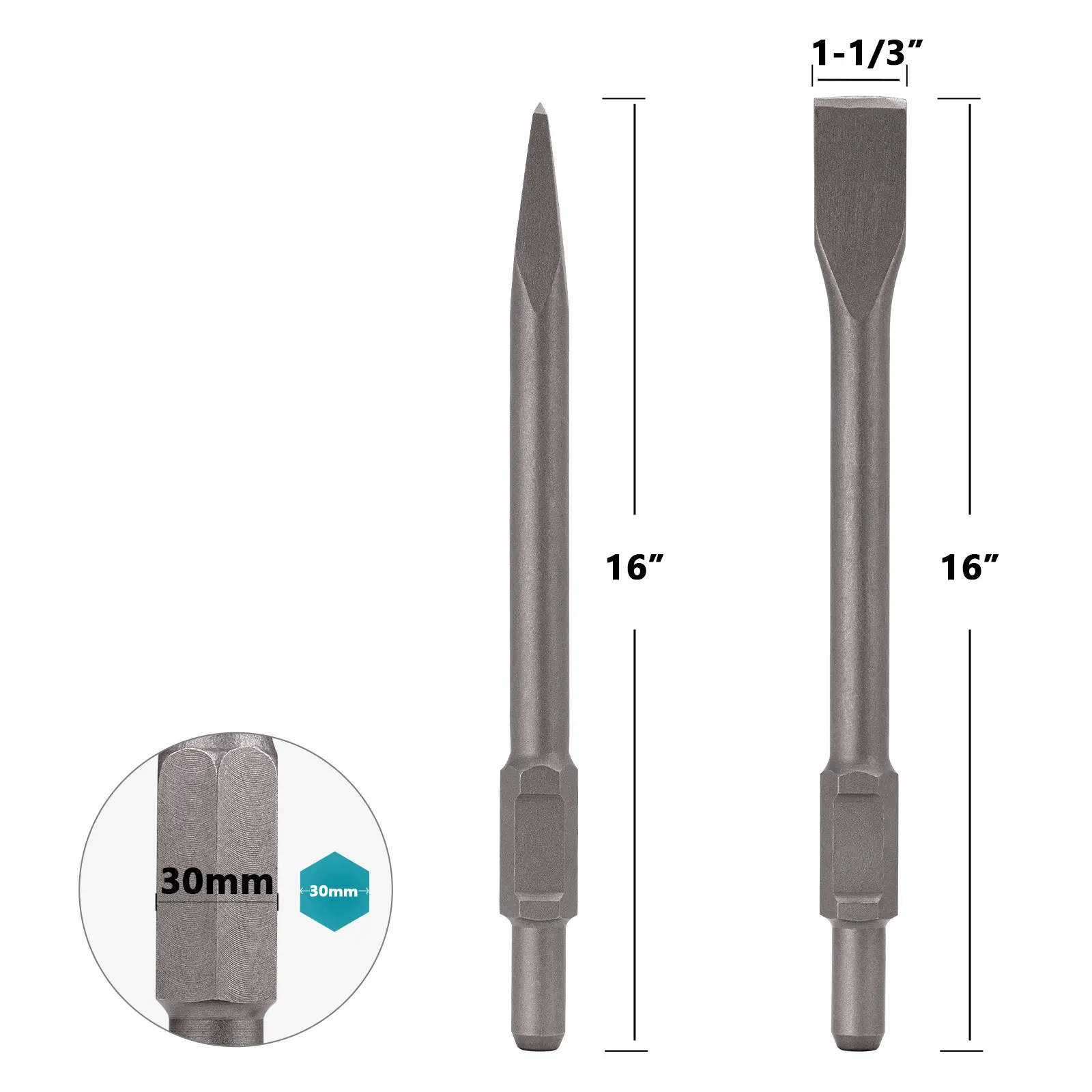 2-Piece 1-3/16" Hex Chisel Set for 30mm 65A Jack Hammer – Point & Flat Bits. Fits Most Demo Breakers. #jackhammer #demolition #concretebreaker #chisel #hexshank #constructiontools #powertools