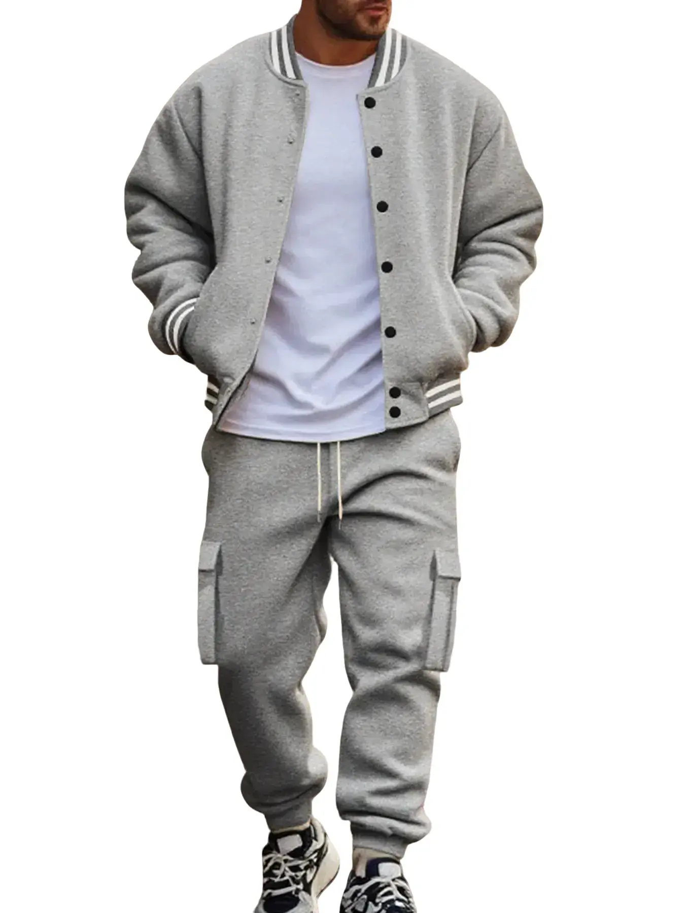 Men's Fall Outfits Sports Casual Warm Fleece Fabric Two-piece Set Casual Sporty Set Fitted Outfit Sets for Daliy Wear, Fitted Baseball Jacket & Cargo Pants, Multi-pocket Design, Essential Wardrobe Item, Menswear, Clothes