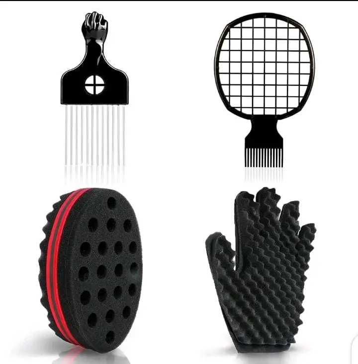 Unisex Washable Curl Sponge Hair Styling Accessories Set - Glove, Metal Pick, Twist Comb, Big-Hole Barber Brush, Curly Hair Brush for Heatless Curl Enhancement & Dread Locking Twist Relaxed Styles