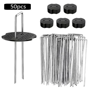 Garden Weed Control Fabric Ground Nail, 50pcs/set U-shaped Anchor Ground Nail with 1 Count Black Anchor, Agricultural Film Cover, Dust Net, Soil Fence, Garden Supplies