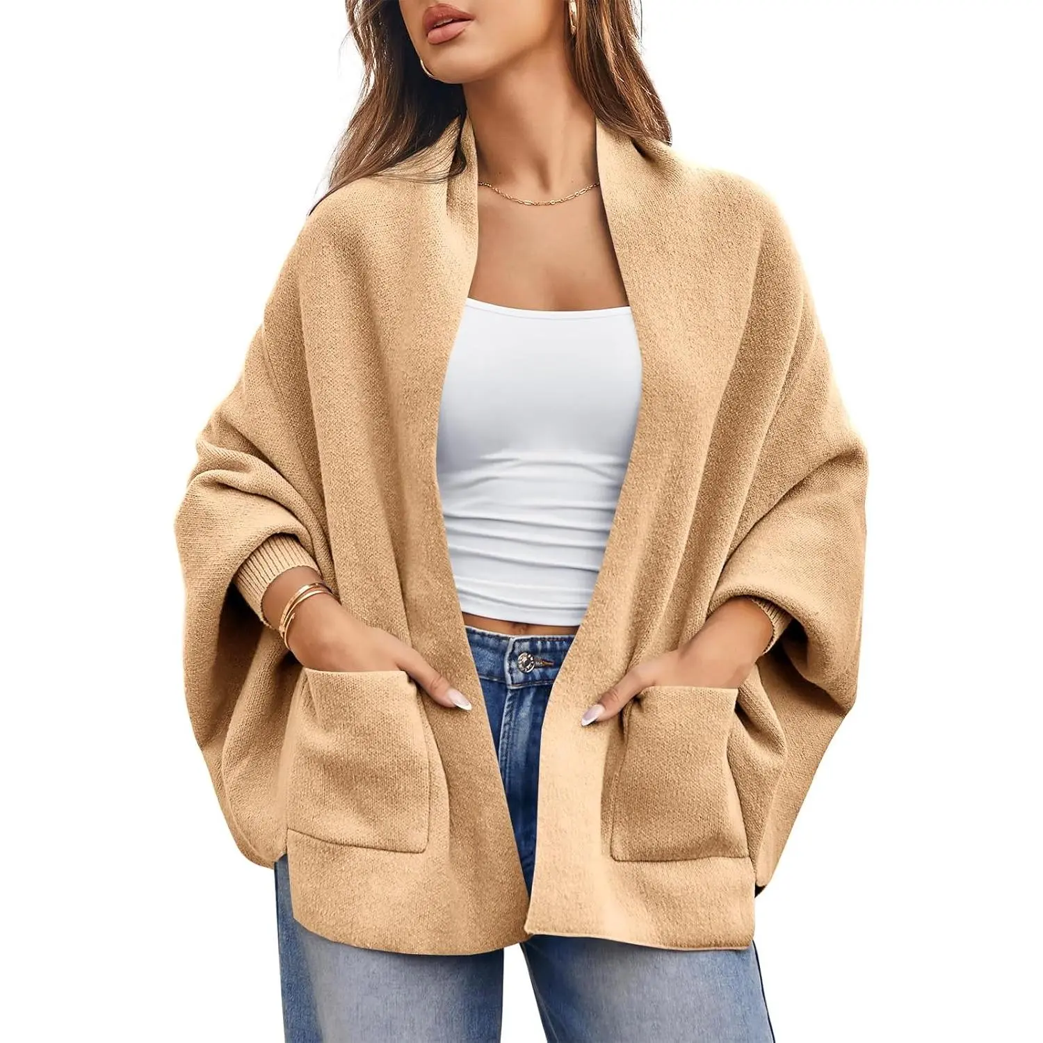 Women's Oversized Cardigan, Cocoon Style Chunky Knit Sweater with Pockets, Batwing Sleeve Shawl Collar for Work, Party, Kimono, Chic, Loose Fit, Open Front, Batwing Sleeves, Draped, Long Length, Evening, Regular Sizes