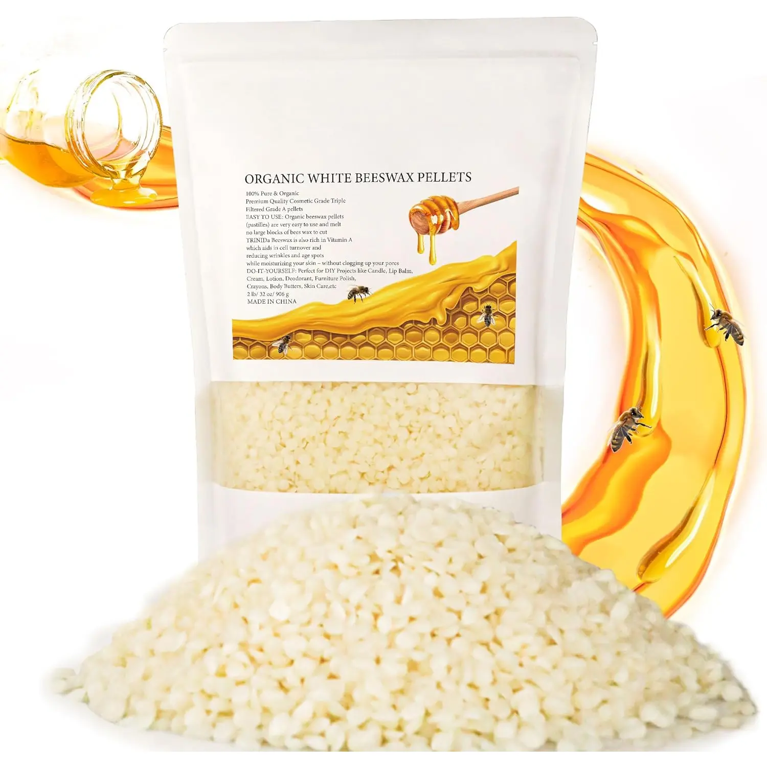Beeswax Pellets 2LB(32 oz),  White Bees Wax for DIY Candles, Beeswax for Candle Making, , , , and Hair Care, , DIY , Lip Balm and Soap Making Supplies