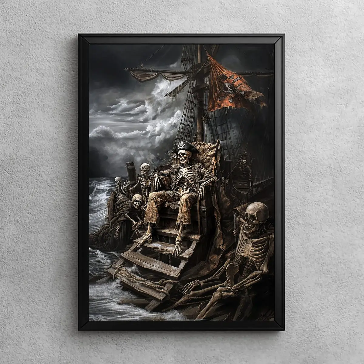 Pirate Skeleton Crew | Spooky Halloween Wall Art, Gothic Pirate Decor, Dark Academia Skeleton Painting, Haunted Ship Art, Unframed