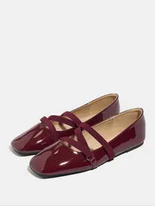 Women's Easy Slip-On Flat Shoes, Wine PU Leather Square Toe Casual Office Shoes Ballet Flats, All Season Comfortable Wear-Resistant Design