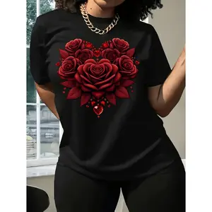 Women'S Floral Rose Heart Print T-Shirt, Polyester Blend, Casual Crew Neck, Knit Fabric, Regular Length, for All Season Wear