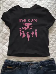 Women's The Cure Print Round Neck Tee, Y2K Style Fitted Crew Neck Short Sleeve Elastic T-Shirt for Daily Casual Wear, Ladies Clothes for All Seasons, Top