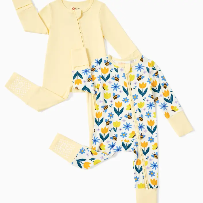 PATPAT Unisex Baby Bamboo Viscose Bodysuit - Long Sleeve Footie Romper with 2-Way Zipper, Fold-Over Mittens, Cuffs, Anti-Slip Grips, Added Warmth, Coverage, Minimalist Bamboo Onesies for Spring