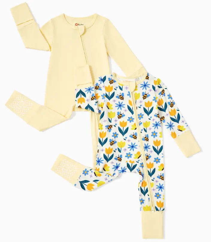 PATPAT Baby Footie Romper, Viscose from Bamboo, Long Sleeve, 2-Way Zipper, Fold-Over Mittens, Cuffs & Anti-Slip Grips