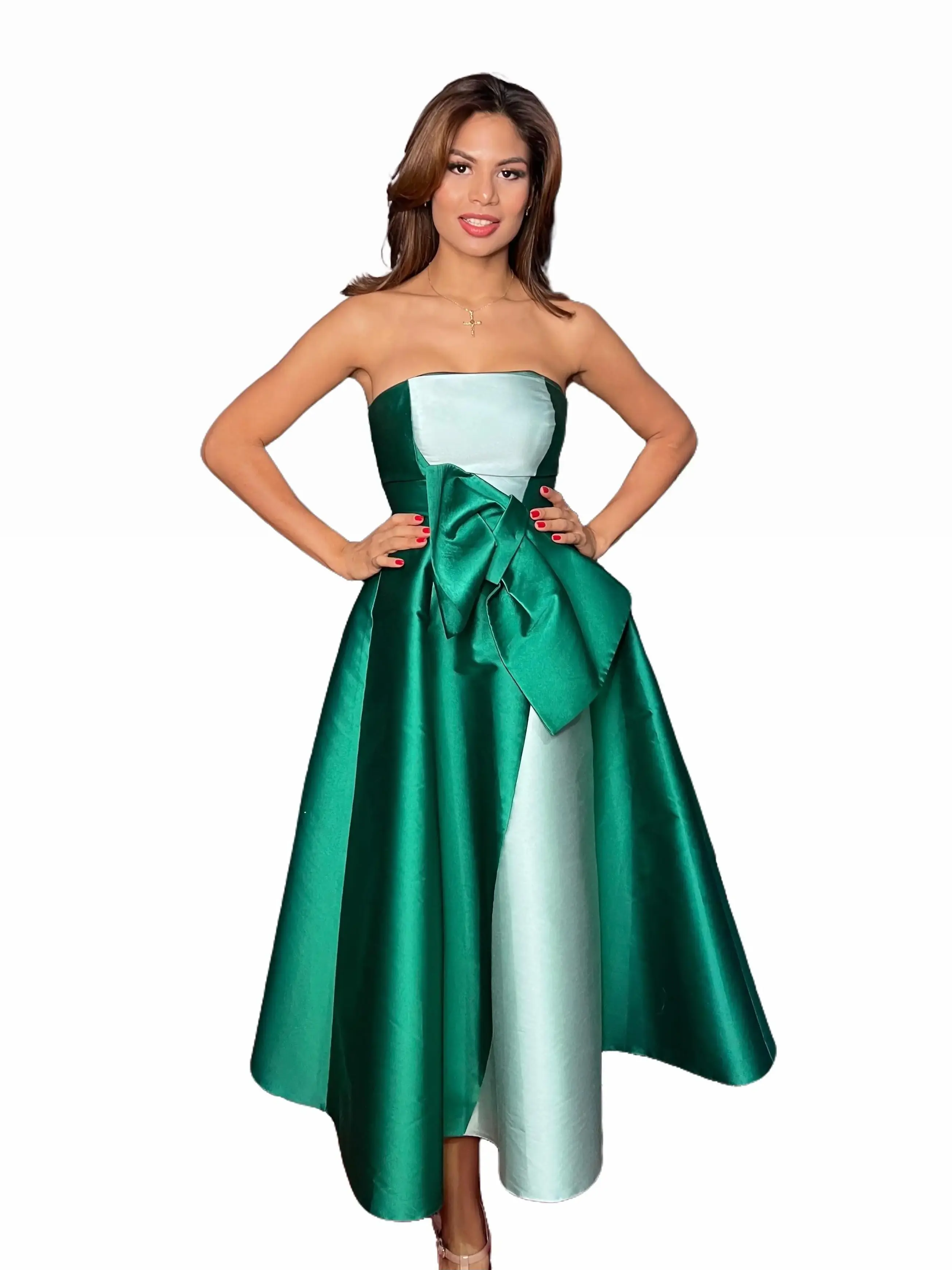 Two-Toned Taffeta Gown Strapless Princess-Cut  with Bow Dress Womenswear