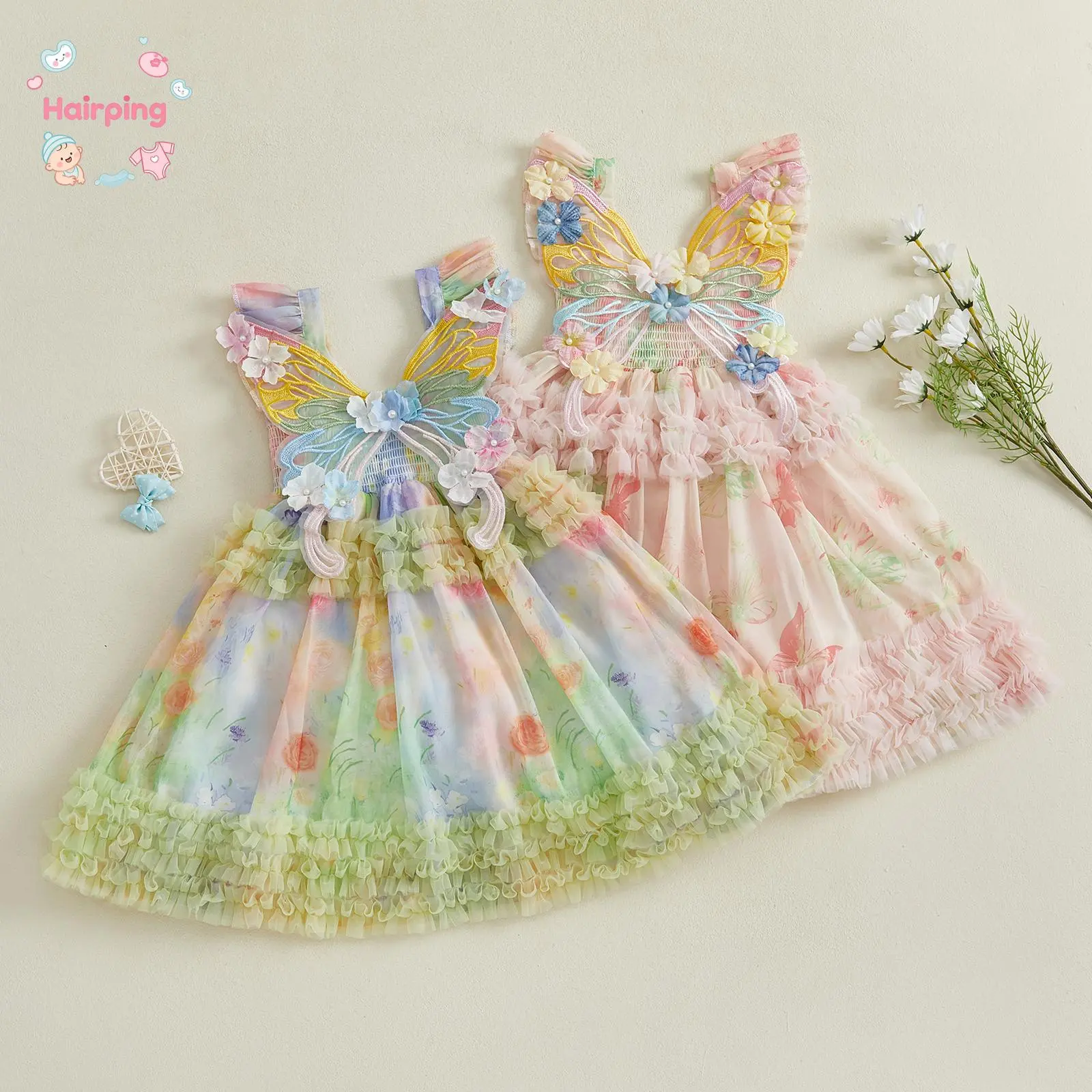 Baby Girls Butterfly Print Ruffle Dress, Sleeveless Embroidered Butterfly & Floral Tulle Dress, Cute Princess Party Dress for Birthday, Wedding & Photoshoot