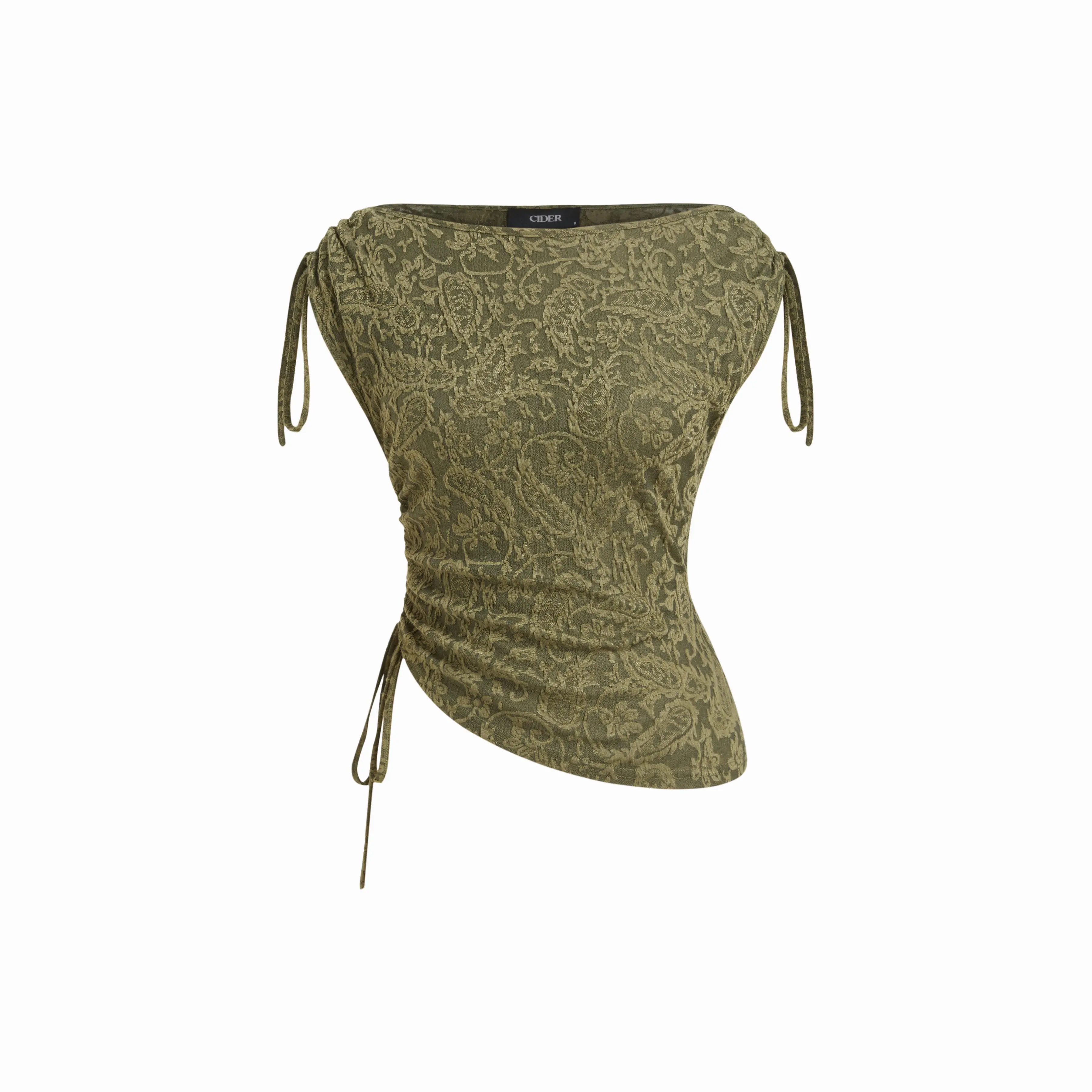 Cider Women's Plain Jacquard Boat Neck Sleeveless Tank - Polyamide, Drawstring, Shirred Detail, Asymmetrical Top