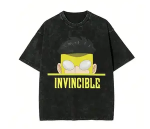 Retro Washed Invincible T-Shirt Mark Grayson Peeking Face Graphic Tee Vintage Black Cotton Crewneck Casual Outdoor Streetwear Unisex Short Sleeve Shirt for Men Women
