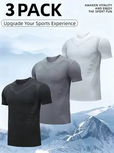 Men's Short-Sleeve T-Shirt 3-Pack: Lightweight Summer Athletic Tops—High-Stretch, Breathable Fitness Wear with a Stylish Striped Design—Slim-Fit Running Apparel Quick-Dry