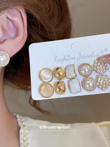 Geometric Pearl Earrings Set, Vintage Elegant Daily Commute Jewelry, Versatile Light Luxury Ear Studs for Women