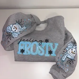 Feeling Frosty Blue Embroidered Sweater with Printed Snowman Design and Snowflake Accents for Cozy Winter Wear