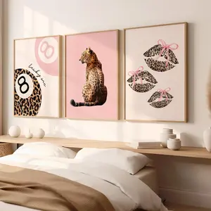Pink Set of 3 Leopard Wall Art Coquette Cheetah Kiss Print 8 Ball Lucky Trendy Animal Print Poster Girly Preppy Home Décor
