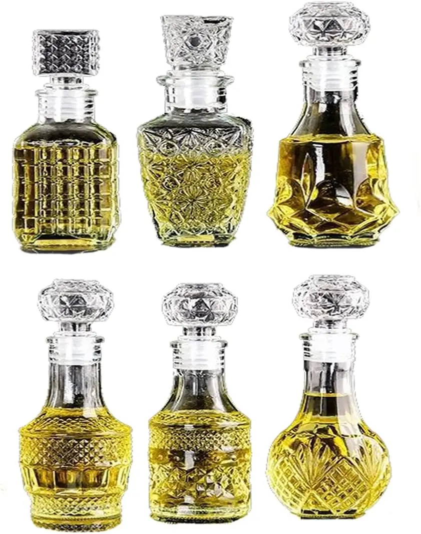 AlifordGlass 150ml Crystal Glass Mini Containers - 6 Different Shapes, Food & Beverage Juice Bottles with Lids for Homemade Juices, Wine Storage, 150 Ml