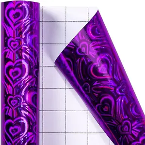 Mini Holographic Wrapping Paper Roll-46.8sqft(17inch*32.8ft) Purple Heart for Christmas, Birthday, Wedding, Baby Shower, Bridal Shower, Graduate Party, Valentine's Day, Halloween